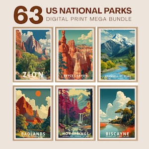 May include: A collection of six framed digital prints showcasing US National Parks. The prints feature vibrant landscape illustrations of Zion, Bryce Canyon, Wrangell-St. Elias, Badlands, Hot Springs, and Biscayne National Parks. The text "63 US NATIONAL PARKS DIGITAL PRINT MEGA BUNDLE" is at the top.