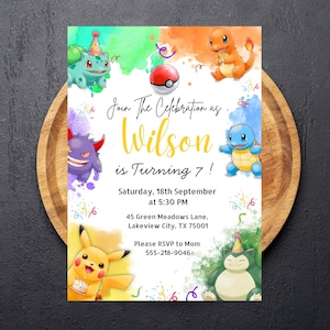 Invitación de cumpleaños de Pokémon para niño, invitación de cumpleaños de Pokémon, invitación digital para fiesta infantil, invitación editable en Canva con estilo de dibujos animados en rojo y amarillo.