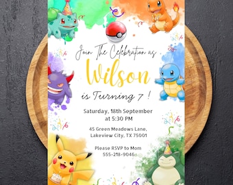 Zaproszenie na urodziny chłopca Pokemone, zaproszenie urodzinowe Pokemone, cyfrowe zaproszenie na przyjęcie dla dzieci w czerwono-żółtym stylu kreskówkowym, edytowalne zaproszenie Canva