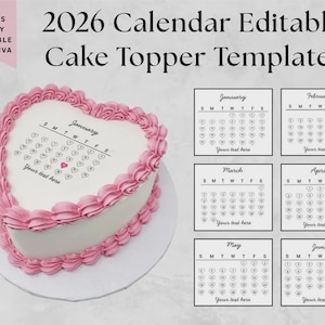 2026 Heart Calendar Cake Topper Template | Editable Burn Away Design | Wafer Paper Frosting Sheet | Canva Digital Download