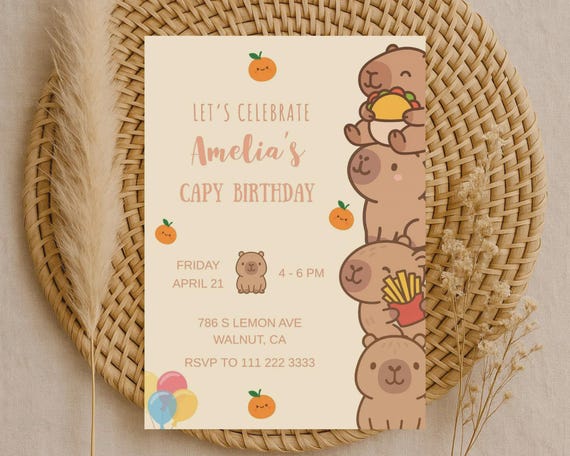 EDITABLE Capybara invitation , Capybara Birthday , Capy Birthday, Kawaii Capybara, Capybara Party Invite, Digital Template, Capybara Cute