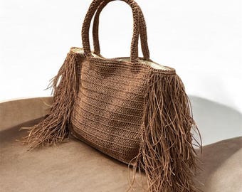 Raffia Fringe Tote – Handmade Boho Bag – Natural Festival Purse