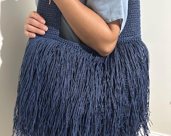 Boho Fringe Shoulder Bag – Navy Raffia Tote – Handmade Crochet Bag