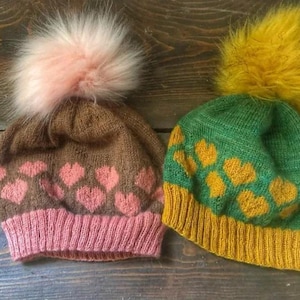 love heart bobble hat knitting pattern, heart hat knitting pattern , hat with hearts knit pattern, 4ply hat knitting pattern, valentine hat