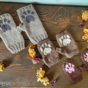 May include: A collection of knitted mittens and fingerless gloves in various shades of brown and tan, each featuring a paw print design. The items are arranged on a rustic wooden surface with dried flowers.