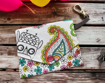 Purse, coin purse, pad purse, notions and trim purse, small item purse. Owls and flowers.