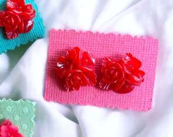 Stud earrings, big red flower bouquet. Ready to ship.