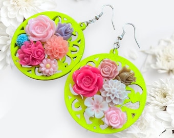 Pendant earrings, wood, resin and nickel free. Bright yellow, ready to ship!