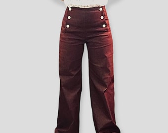 Authentic Sailor Pants, dark red denim, High waist, stretch. Ready to ship!