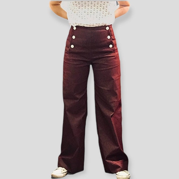 Authentic Sailor Pants, dark red denim, High waist, stretch. Ready to ship!