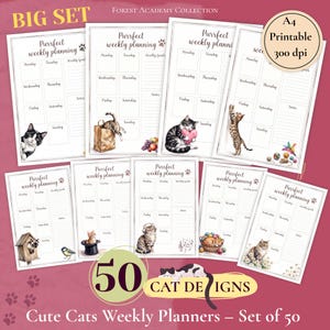 May include: A set of 50 printable A4 weekly planner pages featuring the text Purrfect weekly planning and various cat illustrations. Each page includes a grid for days of the week, a section for weekly goals, and notes. The designs are 300 dpi.