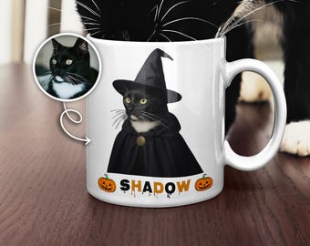 Custom Halloween Cat Mug Witch Costume from Photo with Pet Name Spooky Gift