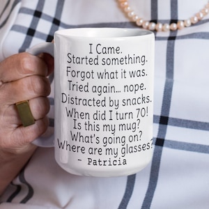 Grappige mok 70e verjaardag met naam, gepersonaliseerd koffiekopje leeftijd dames (60–90)