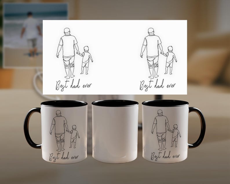 May include: White ceramic mugs with black interiors and handles. Each mug features a black line drawing of a parent and child holding hands, with the text "Best dad ever" below the image. The mugs are displayed on a light-colored surface.