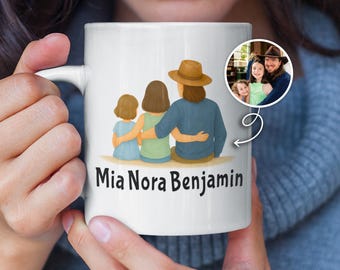 Dad & Kids Back-View Portrait Mug from Photo, Custom Family Coffee Cup with Names