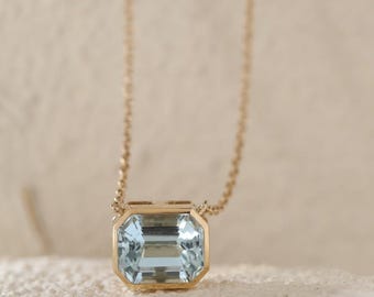 14K Gold Emerald Cut Ice Blue Sapphire Necklace