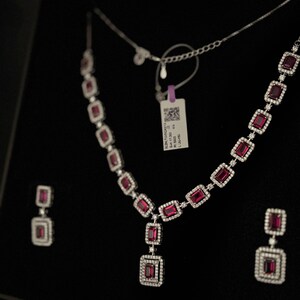 925 Sterling Silver Ruby Red Jewelry Set, Emerald Cut CZ Necklace Bracelet Earrings, Art Deco Bridal Jewelry, Luxury Gift for Her