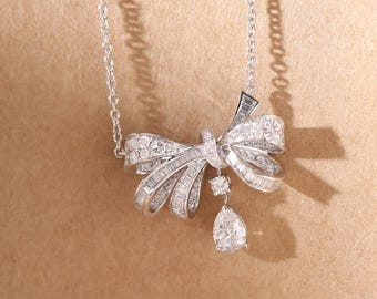 925 Sterling Silver Bow Drop Diamond Pendant Necklace