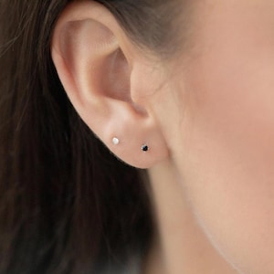 Set of 2 Pairs Black and White Cubic Zirconia Stud Earrings for Women | 2mm | Dainty CZ Earrings | 925 Sterling Silver | Gift Set