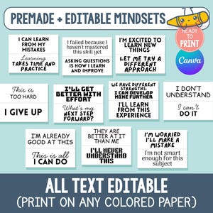 Pu&ograve; includere: Una raccolta di schede di mentalit&agrave; predefinite e modificabili con affermazioni positive. Le schede presentano frasi come "Posso imparare dai miei errori" e "Sono entusiasta di imparare cose nuove". Il design include un'illustrazione a matita e il marchio Canva.