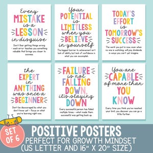 Growth Mindset Motivational Board, Printable High School Poster Set, Positive Posters Rainbow Classroom Decor, Inspirational Colorful Class