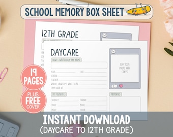 School Memory Box File Folder Cover, Printable School Memory Sheets, DIY Milestone School Keepsake Box File, Back To School Kids Interview