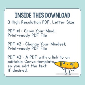 Pu&ograve; includere: Grafica per download digitale con il testo "INSIDE THIS DOWNLOAD" e dettagli su 3 PDF ad alta risoluzione. I PDF includono file "Grow Your Mind" e "Change Your Mindset", pi&ugrave; un link al modello Canva. &Egrave; presente una matita colorata dei cartoni animati.