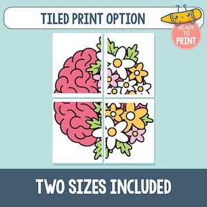 Pu&ograve; includere: Un design di stampa digitale diviso in quattro sezioni, raffigurante un cervello rosa e fiori bianchi, gialli e rosa. Il testo include "TILED PRINT OPTION", "READY TO PRINT" e "TWO SIZES INCLUDED".