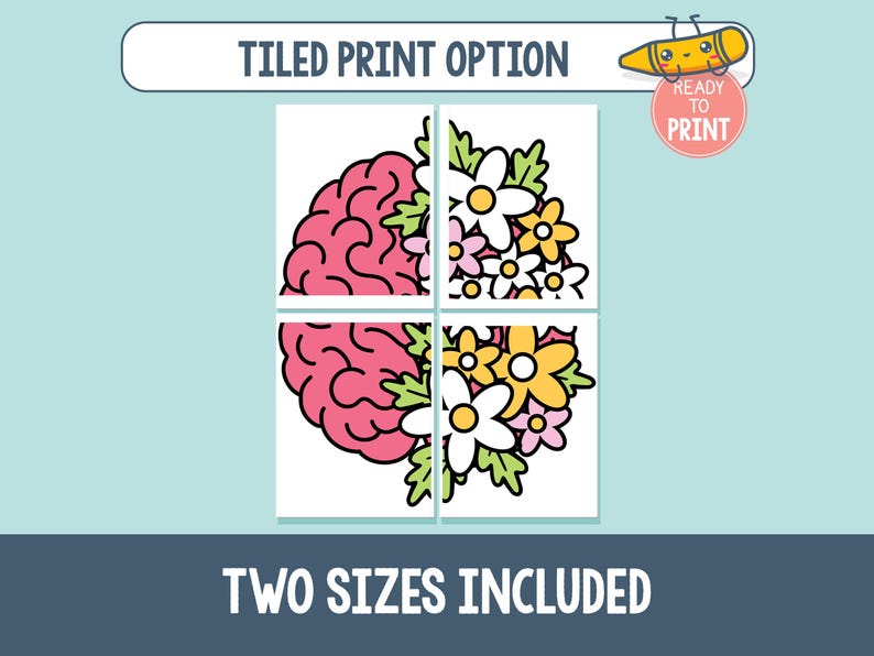 Pu&ograve; includere: Un design di stampa digitale diviso in quattro sezioni, raffigurante un cervello rosa e fiori bianchi, gialli e rosa. Il testo include "TILED PRINT OPTION", "READY TO PRINT" e "TWO SIZES INCLUDED".