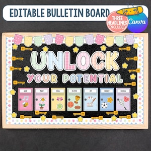May include: An editable bulletin board display featuring the text "UNLOCK YOUR POTENTIAL" in pastel colors. The board includes seven individual locker graphics with names and icons, surrounded by yellow star and key accents and a pastel bunting border.