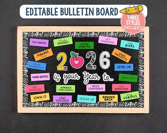 Kit per bacheca di Capodanno, idee per bacheche di gennaio, bacheca motivazionale modificabile per Capodanno 2026, set di bacheche per scuole superiori