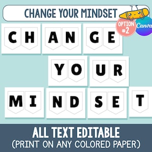 Pu&ograve; includere: Un design di banner motivazionale con la frase "CHANGE YOUR MINDSET" in lettere nere in grassetto su bandierine bianche. Il design include una matita dei cartoni animati e il testo "ALL TEXT EDITABLE (PRINT ON ANY COLORED PAPER)".