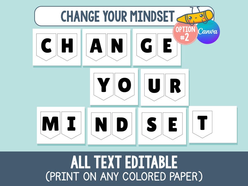 Pu&ograve; includere: Un design di banner motivazionale con la frase "CHANGE YOUR MINDSET" in lettere nere in grassetto su bandierine bianche. Il design include una matita dei cartoni animati e il testo "ALL TEXT EDITABLE (PRINT ON ANY COLORED PAPER)".