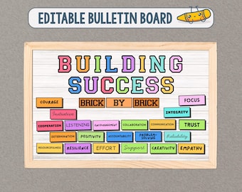 May include: An editable bulletin board with the words "BUILDING SUCCESS" in colorful block letters. Below, the phrase "BRICK BY BRICK" is displayed, along with words like "COURAGE", "FOCUS", and "TRUST". A cartoon crayon is in the top right corner.