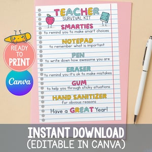 Teacher Survival Kit Tags, 1st Day of School Survival Kit Gift Tags Editable, First Day of School Teacher Tag, Back to School Survival Kit