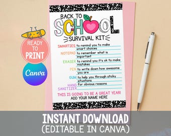 Back to School Survival Kit Tags Editable, First Day of School Survival Kit Gift Tags, 1st Day of School Student Survival Kit Treat Tags