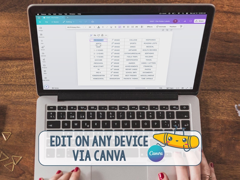 May include: A laptop displaying a document with a table of labels, including "Birth", "1-2 Years", and "Kindergarten". The laptop keyboard is visible, and a banner at the bottom reads "EDIT ON ANY DEVICE VIA CANVA" with a crayon graphic.