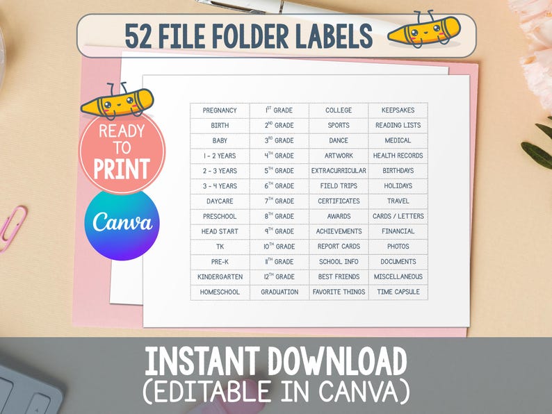 May include: Pink file folder labels with the text "52 FILE FOLDER LABELS" and a list of categories. Includes a "Ready to Print" sticker and "Instant Download" text. The labels are editable in Canva.