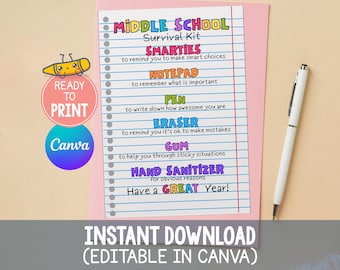 Middle School Survival Kit Tags, Editable First Day of Middle School Student Survival Kit Gift Tag, Back To School Treat Tag for Older Kids