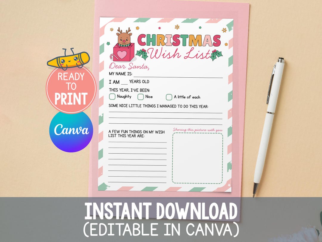 Editable Christmas Wish List, Printable Santa Wish List for Kids Xmas ...