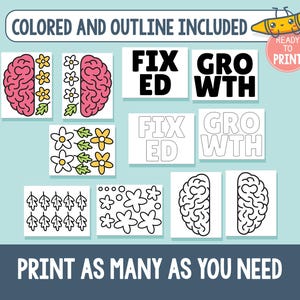 Pu&ograve; includere: Grafica stampabile con un cervello, fiori e foglie, a colori e contorno. Il testo include "FIX ED" e "GROWTH". &Egrave; presente anche la frase "PRINT AS MANY AS YOU NEED".
