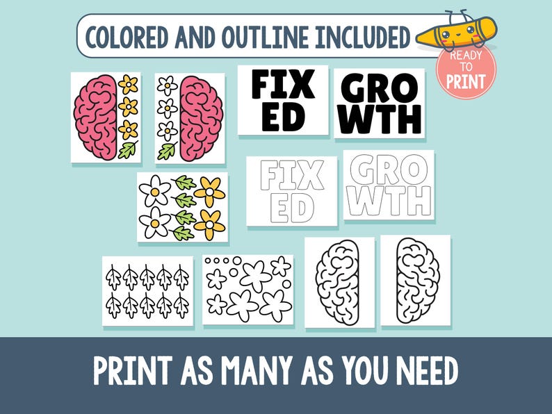 Pu&ograve; includere: Grafica stampabile con un cervello, fiori e foglie, a colori e contorno. Il testo include "FIX ED" e "GROWTH". &Egrave; presente anche la frase "PRINT AS MANY AS YOU NEED".