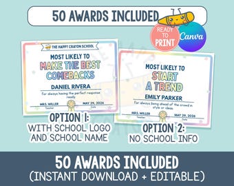 Prix de fin d'année amusants, prix de la classe le plus susceptible d'être modifié, prix étudiant personnalisé et certificats
