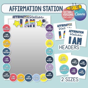 Affirmation Station, Editable Positive Affirmation Classroom Decor, Outer Space Theme "I am" SEL Mirror Display