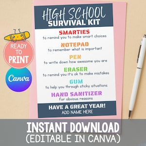 High School Survival Kit Tags, Editable First Day of High School Survival Kit Gift Tags, High School Treat Tag Gift for Freshman Gift Tag