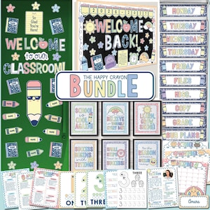 May include: A classroom decor bundle with a green background, featuring the text "WELCOME to our CLASSROOM!" and "WELCOME BACK!" in pastel colors. Includes printable posters, labels, and calendars with school-themed designs.