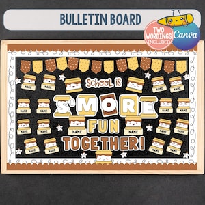 May include: A bulletin board with a black background and a wooden frame. The board features a design with s'mores and the text "School is S'More Fun Together!" Decorative elements include banners and stars. The text "Bulletin Board" is at the top.