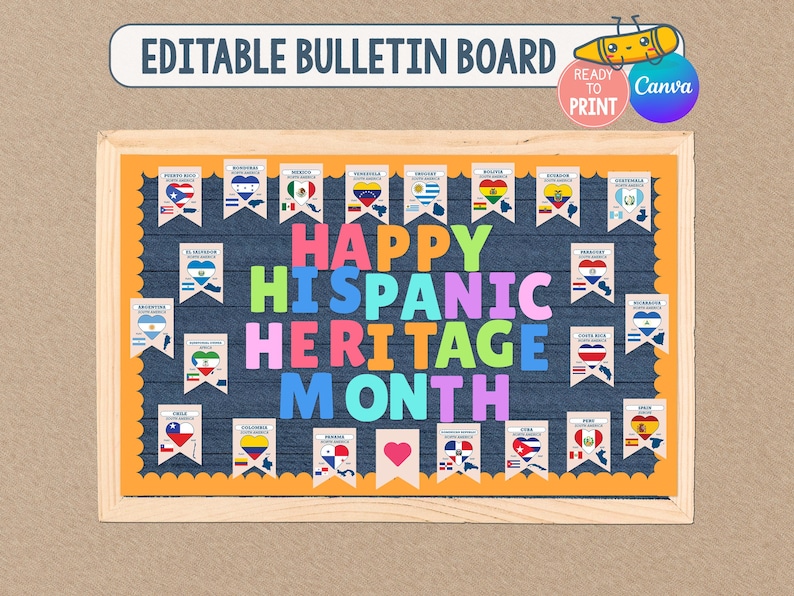 May include: A wooden bulletin board with the text "HAPPY HISPANIC HERITAGE MONTH" in colorful letters. The board features flags of various Hispanic countries and the words "EDITABLE BULLETIN BOARD" at the top.
