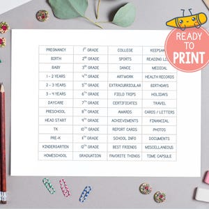 May include: A white printable chart with a list of milestones from pregnancy to graduation. The chart includes categories like "Birthdays", "Holidays", and "Time Capsule". A red circle with the text "READY TO PRINT" is in the upper right corner.