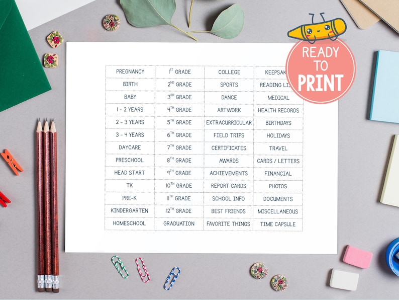May include: A white printable chart with a list of milestones from pregnancy to graduation. The chart includes categories like "Birthdays", "Holidays", and "Time Capsule". A red circle with the text "READY TO PRINT" is in the upper right corner.